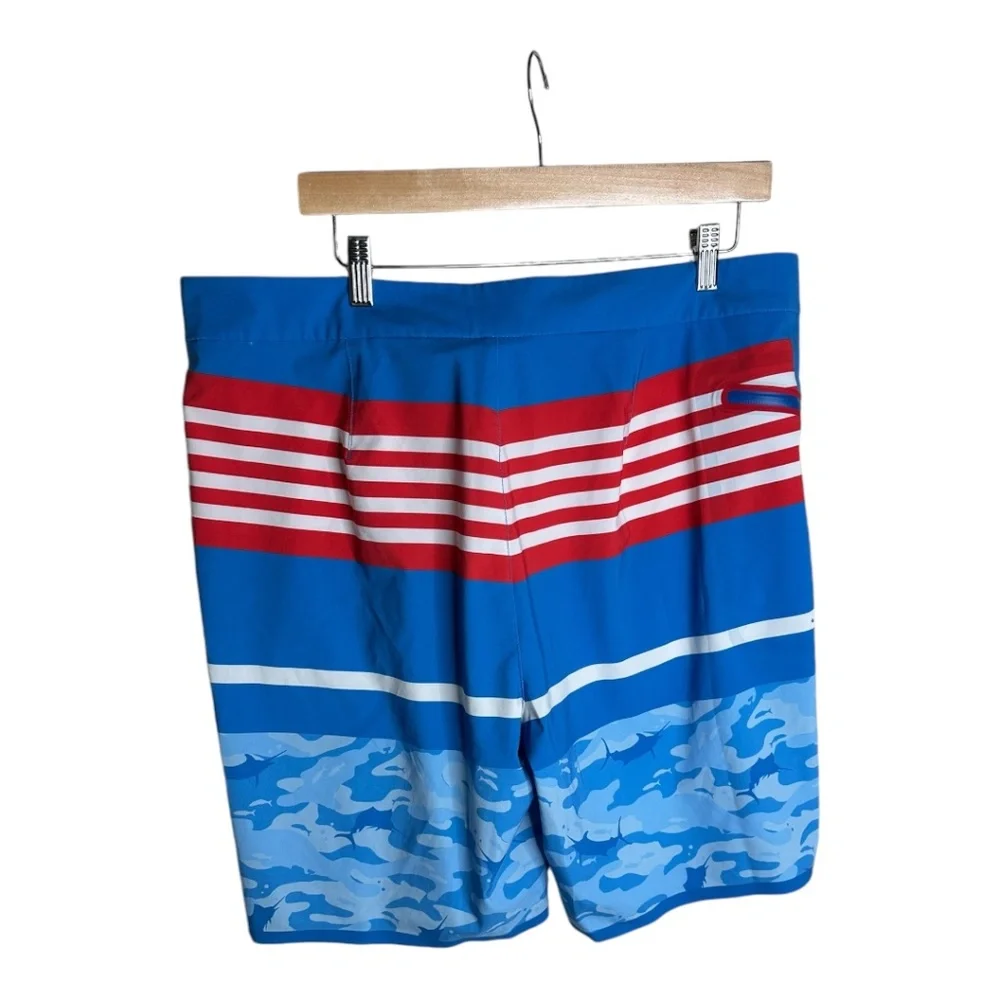 VINEYARD VINES MEN MARLIN‎ CAMO STRIPED BOARD SHORTS RED WHITE BLUE SIZE 36